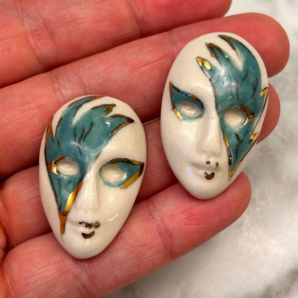 Artistic Venetian Mask Earrings with Teal and Gold Accents